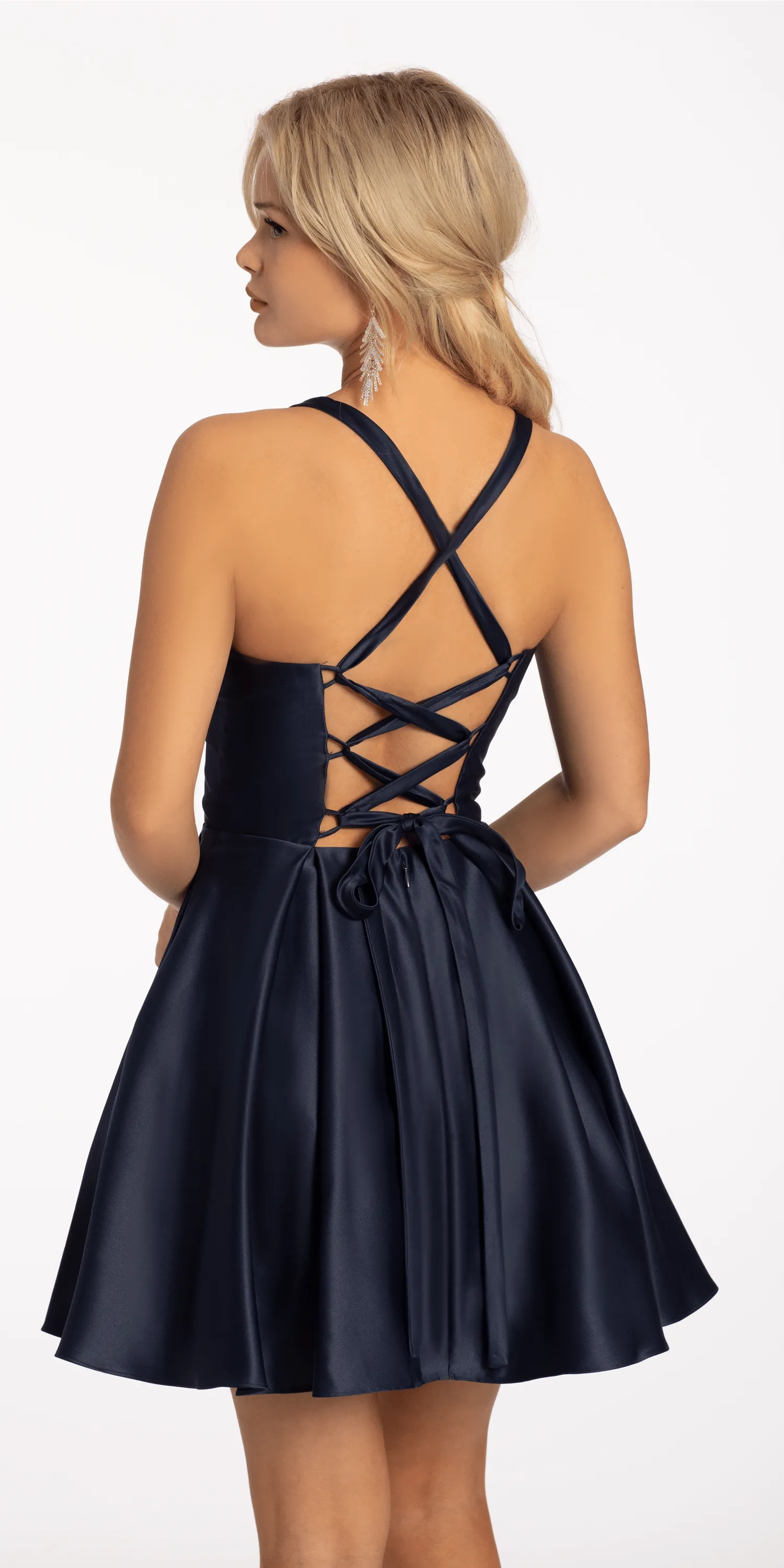 Satin Pleated Lace Up Back Fit and Flare Dress